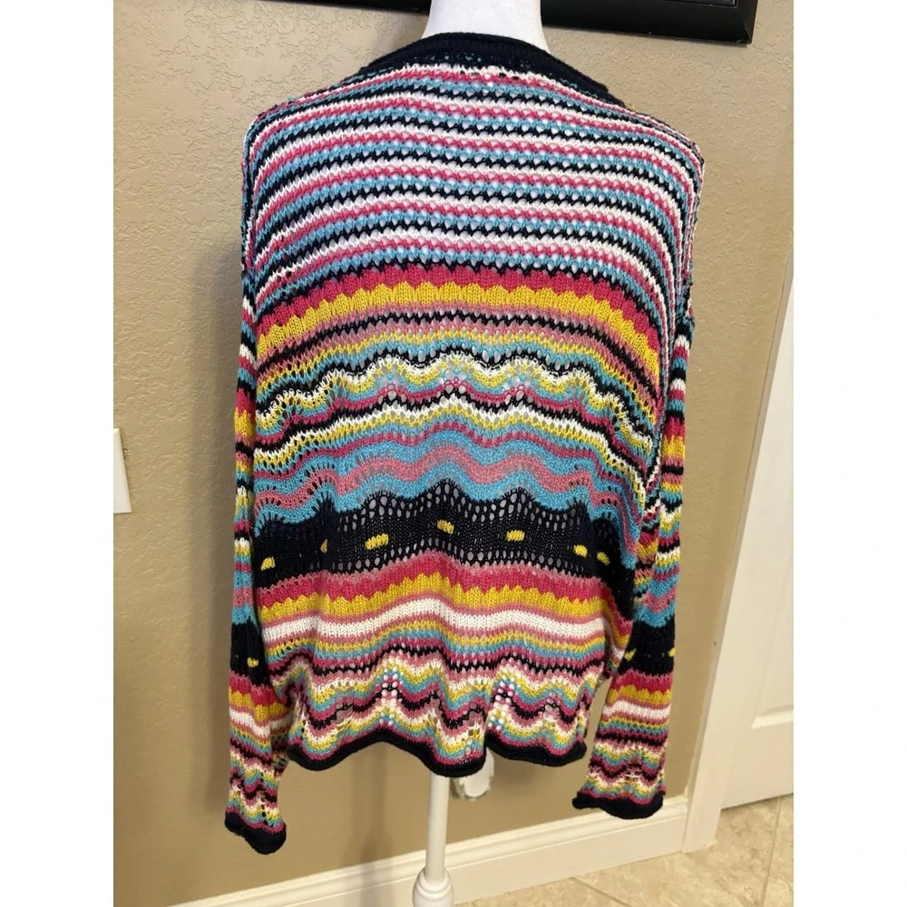 Woven Heart Vibrant Multicolor Striped Crochet Knit Sweater, Relaxed Fit, Large